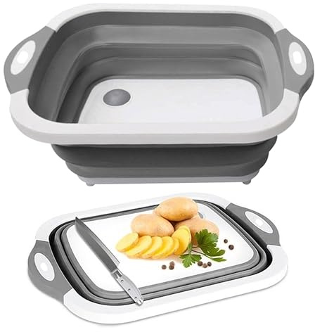 Collapsible Washing Up Bowl with Integrated Cutting Board – 3-in-1 Foldable Chopping Board, Vegetable Basket & Dish Tub - Wash Basin with Draining Plug for Kitchen, Travel, Picnic, BBQ (Gray & White)