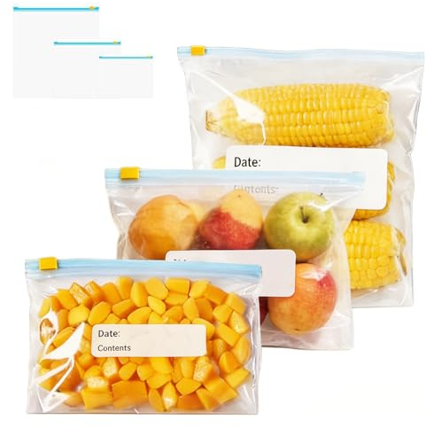 180 Stück Gefrierbeutel Zipper Beutel, 3 Größen Gefrierbeutel Wiederverwendbar mit Vorgedrucktem Etikett, Erweiterbarer Boden, Frischhaltebeutel Küche Beutel für Obst Gemüse Fleisch Getreide Snacks