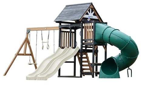 AXI Cody Spielturm aus Holz mit 2 Schaukeln & doppelter Rutsche in Creme Weiß & Röhrenrutsche | XXL Spielhaus/Spielplatz für Kinder mit Klettergerüst & Trapez | Schaukelgerüst für den Garten