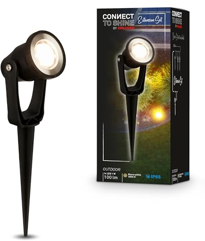 BRILONER - Connect to Shine 12V Gartensystem LED Strahler mit Erdspieß, Erweiterung, IP65, warmweißes Licht, Gartenleuchte, Gartenbeleuchtung, LED Gartenstrahler, Außenleuchte, 5,5x6x22,5 cm, Schwarz