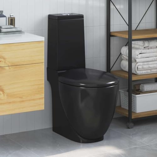 Runheo Toilette en céramique ronde noire avec système à double chasse d'eau 3 ou 6 litres, évacuation verticale, facile à installer pour salle de bain, hygiène et économie d'eau