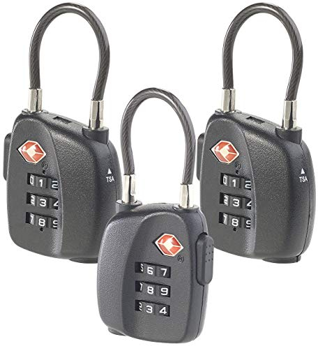 AGT TSA Kofferschloss: 3er-Set TSA-Koffer- & Gepäck-Schlösser mit Zahlencode und Stahlkabel (TSA Gepäckschlösser, Schloss ohne Schlüssel, Vorhängeschloss)