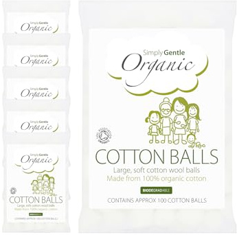 Simply Gentle Organic Cotton Balls – Large 100% Organic Cotton Wool – Soft & Gentle for Delicate Skin – Highly Absorbent – 100 Balls Per Pack (Pack of 6)