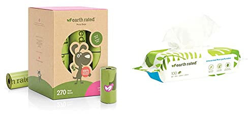 Earth Rated Dog Poo Bags - 270 Extra Thick Poop Bags For Dogs | Each Lavender Scented Doggy Waste Bag Measures 22x33cm | 100% Leak-Proof Security & dog and cat Wipes 100 units
