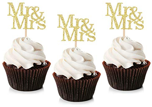 Unimall Global 24 Stück Herr Frau Cupcake Toppers Liebe Herr Frau Cupcake Picks Gold Glitter Hochzeit Cucpake Topper Brautdusche Kuchen Dekorationen Partyzubehör