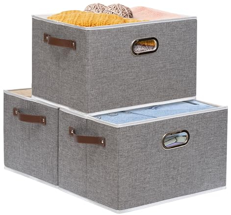 Yawinhe 3 Stück Aufbewahrungsbox aus Stoff, Faltbare Aufbewahrungskörben mit Griffen, Waschbare, für Schlafzimmer, Kleideraufbewahrung, 38x25x21cm, Grau, SNK030GS