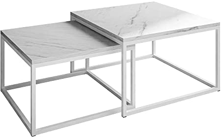 lukmebel Yoshi LEVANTO 2-In-1 Couchtisch Set Aus Zwei Tischen Metallfuß Matt Quadratische Arbeitsplatte 60x60x40 70x70x46 Weißer Marmor