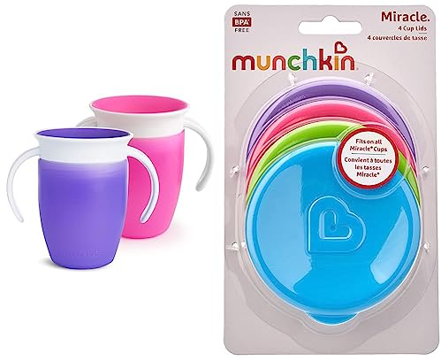 Munchkin Tasse d’Apprentissage Miracle 360, Gobelet Bébé, Tasse Enfant sans BPA avec Poignées - 207 ml, Lot de 2, Rose/Violet & Tasse Miracle 360ᵒ Couvercles - multicolores, lot de 4