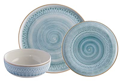 Corona - Juego de vajilla de cerámica de 12 piezas con detalles tribales azules pintados a mano | Platos y cuencos | Servicio para 4 | Congo