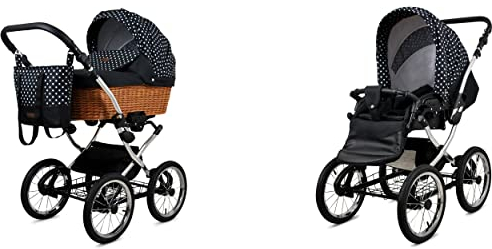 BabyLux ALU 2in1 Kinderwagen für Kleinkinder – Kinderwagen für Neugeborene und Kleinkinder – Baby Neugeborenen Kinderwagen – 59x105x125cm – Max. 15kg – White Dots Silver Frame