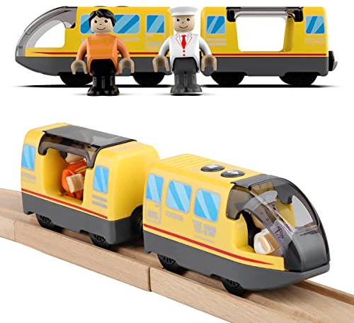 LiRiQi Eisenbahn elektrische lok Holzeisenbahn Zug, Batteriebetriebener Lokomotivzug, Leistungsstarker Motorzug kompatibel mit Thomas, Brio, Spielzeug für Kinder Kleinkind Junge, Gelb
