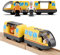LiRiQi Eisenbahn elektrische lok Holzeisenbahn Zug, Batteriebetriebener Lokomotivzug, Leistungsstarker Motorzug kompatibel mit Thomas, Brio, Spielzeug für Kinder Kleinkind Junge, Gelb