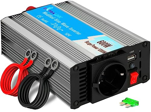 EXTRALINK Wechselrichter 12V auf 230V Modifizierter Sinsus 600W 1200W Spitze – Spannungswandler mit USB, Lüfter & 4-Fach Schutz – für Auto, Wohnmobil, Boot, Camping, empfindliche Geräte, Solar