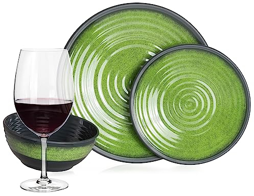 Melamin Camping Geschirr Set 4 Personen Stone Green + 4 Timo Rotwein Gläser Rot Weingläser Tafelgeschirr Picknick BBQ Kochgeschirr
