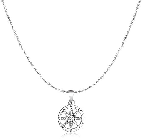 Collana Lunga da Donna Rosa dei Venti e Punti Cardinali Con Zirconi Brillanti - Argento 925 - Ideale Come Regalo - Gioielli Particolari (Argento)
