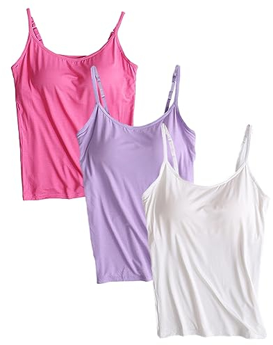 Jamron Donna 3 Pezzi Basic Canotta con Reggiseno Incorporato Canottiere Imbottita Regolabile con Spalla Stretta Viola + Bianco + Rosa-2 L