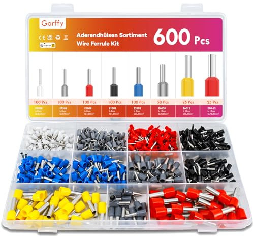 Gorffy Aderendhülsen Set 600 Stück, Isolierte Aderendhülsen Sortiment 0,5 mm² - 10 mm², Aderendhülse Set für Drahtverbindung