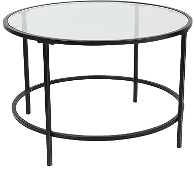 HUOLE Couchtisch Runder Kaffeetisch mit verstellbaren Schutzfüßen Beistelltisch Wohnzimmertisch aus Hartglas und Metallgestell Moderner φ70*45,5cm – Glas