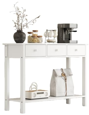 Pantanal White Hallway Console Table 3 Drawers with Storage Shelf for Corner Entryway Bedroom Living Room 100CM (White Handle)