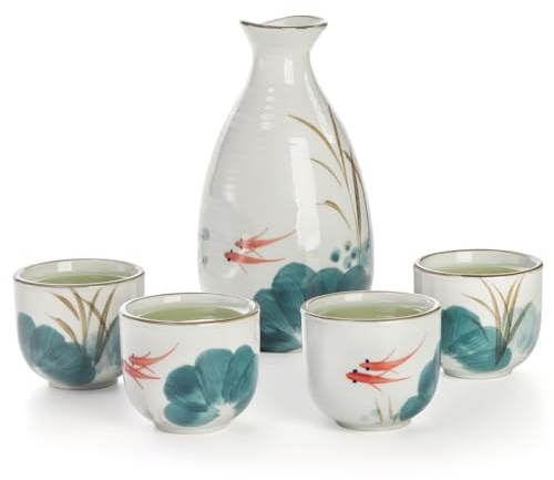 Tebery Service à saké japonais 5 pièces en céramique Soju - Bouteille à saké Tokkuri en porcelaine - 236,6 ml et tasses à saké Ochoko de 59,1 ml (poisson rouge)