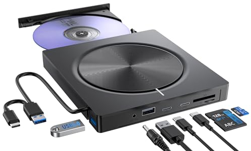 Lector CD/DVD Externo,Grabadora USB 3.0 y Type-C,Reproductor DVD Portatil, Unidades CD/DVD -RW/ROM, Lector Tarjetas SD TF y 4 Puertos USB-A/C para PC/Portátil/Windows 11/10/8/7/XP/MacOS/Linux