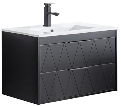 UEV Meuble sous Lavabo Suspendu 75cm, avec Lavabo en Céramique, Robinet, 2 Grands Tiroirs, Meuble Salle de Bain, Motif Ligne, Style Ligne Scandinave (Noir(avec Lavabo), 75 x 45 x 46cm)