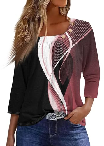 Chemisier pour Femme 2026 Été Chemise Décontractée avec col Rond Manche 3/4 Imprimé Blouse Chic Et Elegant Bouton Hauts