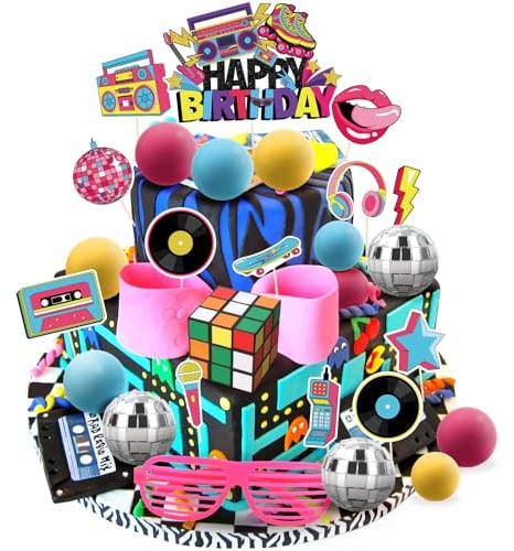 Hooqict 27 PCS 80s Cake Decorations 80s 90s Cake Toppers Retro 1980s Hip Hop Cake Decorations with Glitter Balls Cupcake Toppers for Neon Throwback Birthday Party Supplies