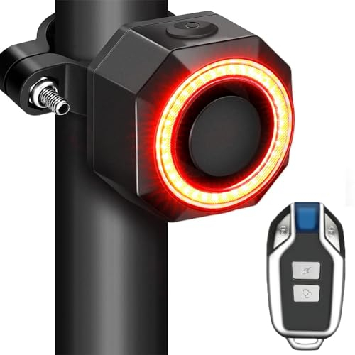 4-in-1 Fahrrad Alarm Fahrrad Alarmanlage mit Rücklicht/Bremslicht/Fahrradglocke Wasserdicht Fahrradalarm Eingebauter 700mAh-Akku für Ebikes Fahrrad Scooter (Einer Fernbedienung)