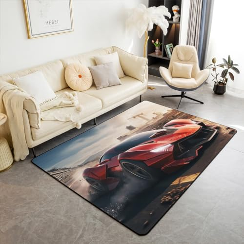 Rot Race Car Teppich 150Bx200L,Cool Racing Car Area Teppich für Kinder Jungen Teens,Sport Auto Indoor Fußmatte,Extreme Sport Thema Dekorative Teppich Schlafzimmer Dekor,Maschinenwäsche Trocken
