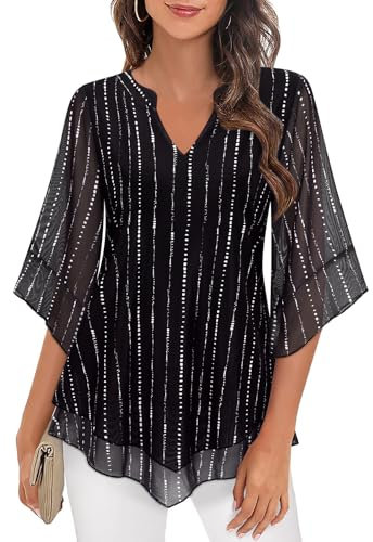 Ladies Top and Blouses Plus Size Tops for Women 3/4 Sleeve Tunic Top for Women Loose Fit Dressy Womens Chiffon Blouse and Tops Professional Summer Gorgeous Dressy Blouses for Business Mesh Shirts