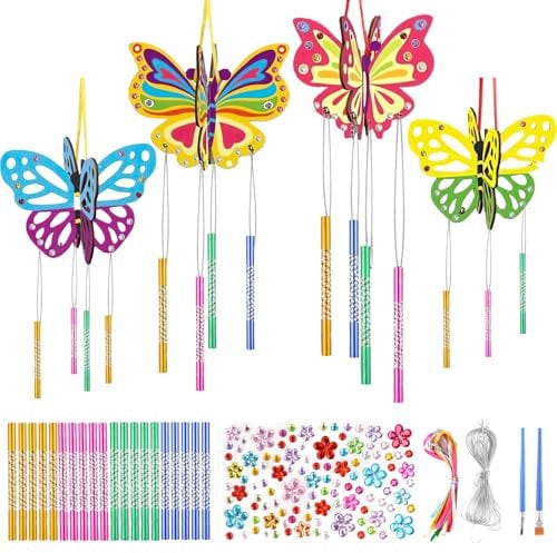 Deepton Schmetterling Windspiel Bastelset Kinder, 4 Stück 3D Schmetterling Windspiel, Bastelset Kindergeburtstag Windspiel Bastelset Kinder Schmetterling Bastelset Windspiel Basteln
