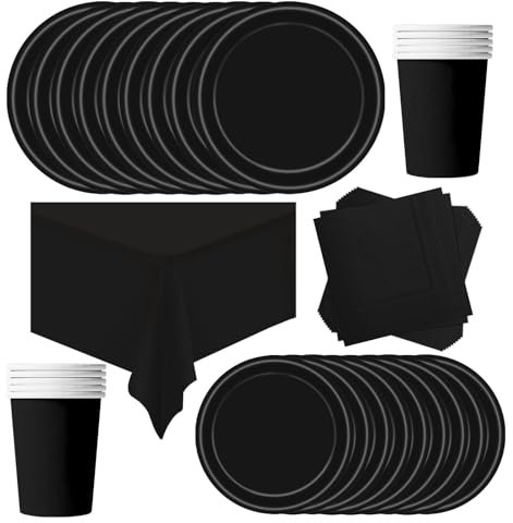 POPOYU Vajilla de fiesta de cumpleaños infantil, color negro, 69 unidades, vajilla de fiesta de cumpleaños, juego de platos de papel, manteles de papel, platos, servilletas para Navidad, cumpleaños,