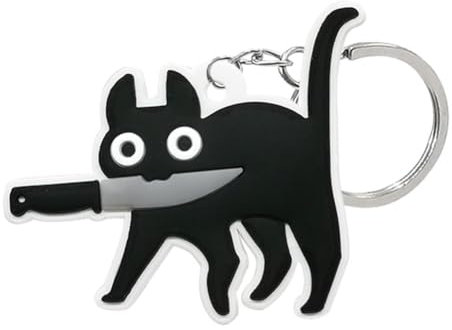 INSTITIZER Porte-clés chat chaton Kawaii en PVC noir avec couteau à mordre pour sacs à main, sacs, pendentifs, bijoux, artisanat, cadeau pour garçons et filles, Noir , M