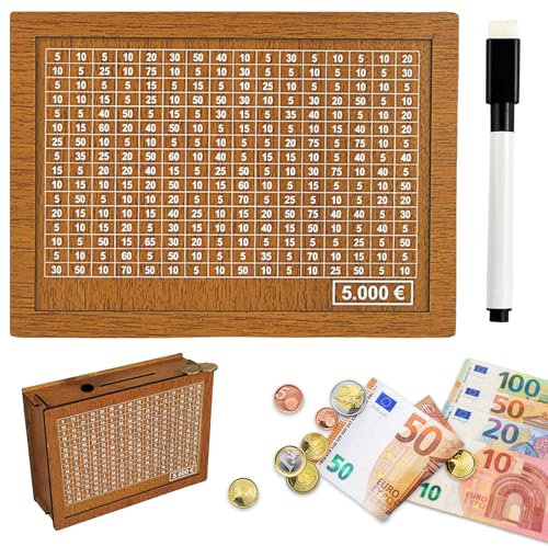 Huiyuenuo Spardose mit Zähler, Sparbox mit Zahlen Ankreuzen, Sparschwein aus Holz mit Zähler, Spardose 5000 Euro, Spardose aus Holz für Hilft Erwachsene und Kindern Gewohnheit Zum Sparen