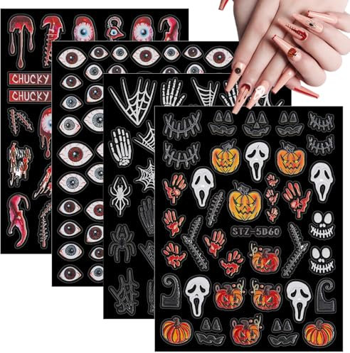 Sibba 4Blatt Halloween Nagelsticker Nail Art Tattoo Aufkleber Selbstklebende Nagelaufkleber Nagel Abziehbilder Böse gruselige Schädel-Spinnennetz Kürbis Nageldesign Zubehör Frauen Mädchen DIY Maniküre