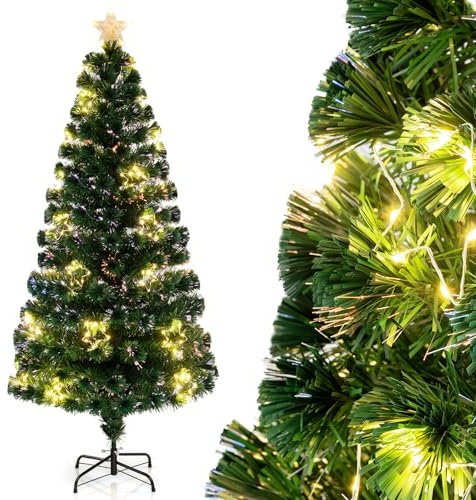 GYMAX 180 cm Albero di Natale in Fibra Ottica, Albero di Natale Artificiale Illuminato con 36 Catene di Luci Calde Bianche, Stella in Cima, 230 Punte di Ramo