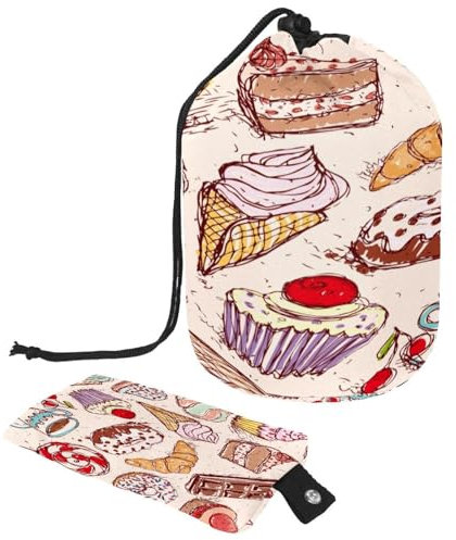 Kulturbeutel mit Kordelzug, für Kuchen, Süßigkeiten, Marshmallow und Kaffee, Fass, Kosmetiktasche, Reise-Make-up-Organizer-Tasche + kleine Tasche, multi, 9.9x6.9in/25.2x17.6cm;6x3.5in/15.2x8.8cm,