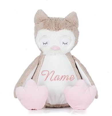 Schnoschi Kuscheltier mit Namen oder Initialen Bestickt, personalisiertes Stofftier, individuelles Schmusetier mit Wunschnamen (Eule)