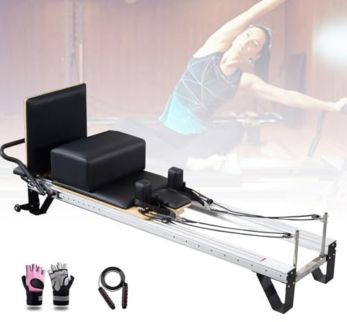 Foldable Pilates Reformer Gerät, Pilates Kernbett, Faltbare Pilates Ausrüstung, für Home Gym, kostenlose Handschuhe und Springseil(Gray)