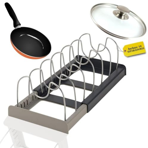 Organizador de Sartenes Extensible, Soporte para Sartenes y Tapas de Ollas, Organizador Sartenes para Cajones, Organizador Tapas Ollas y Sartenes, Separador de Sartenes y Platos con 10 compartimentos