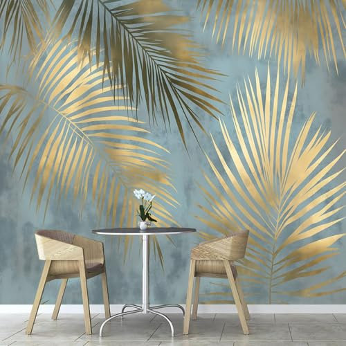 3D Panoramique Murale De Feuilles Palmier Dorées Papier Peint Tissu de soie Pour Salon Chambre Enfant Chambre Décoration, Usine Murale Moderne Poster Tableaux Photo Muraux 150×105cm