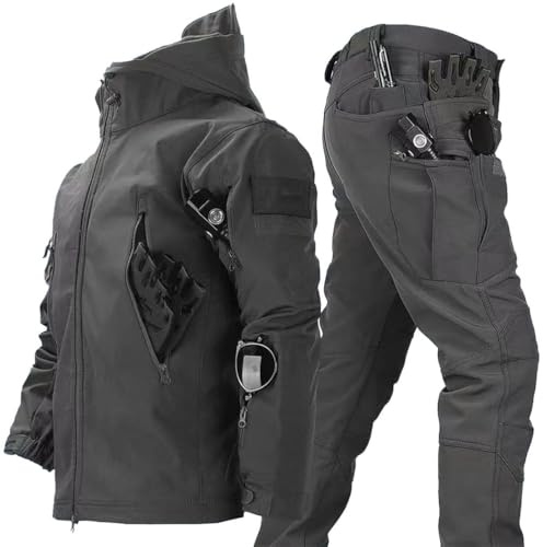 RVUEM Dark Grey,L, 2-Teiliger Snowboard Schneeanzug Softshell Jacke FüR Herren MilitäRische Bekleidung, Kampfanzug Outdoor Skianzug Taktische Jacke Und Hose FüR Skifahren Outdoor Sport