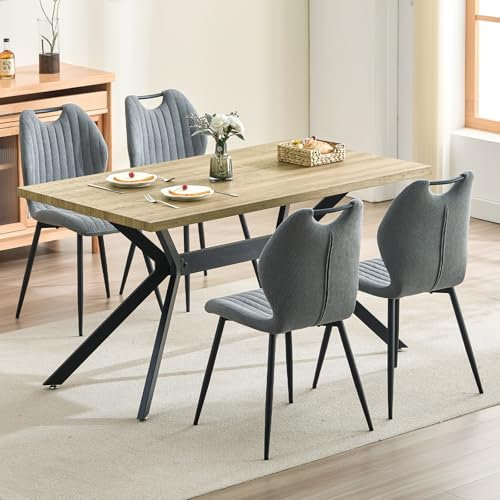 LEWE Esszimmergruppe Esstisch mit 4 Stühlen, 140 x 80 x 76 cm Rechteckig Esstisch aus Holz mit 4 Esszimmerstühle mit Hohe Rückenlehne, Schwarz Eisenbeine, für Küche Esszimmer und Wohnzimmer