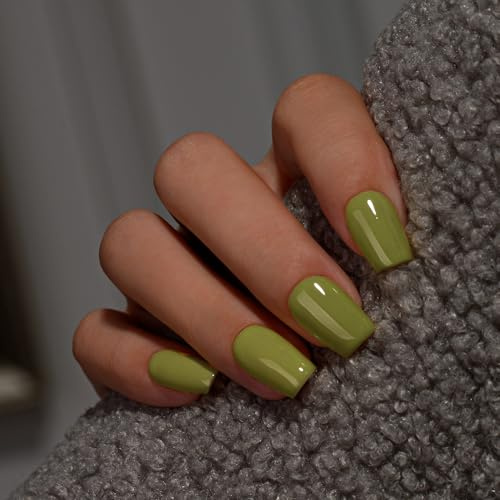 KQueenest Press on Nails Lot de 28 faux ongles courts et moyens à coller - Vert olive clair - Couleur unie - Carrée - Avec colle - Pour femme