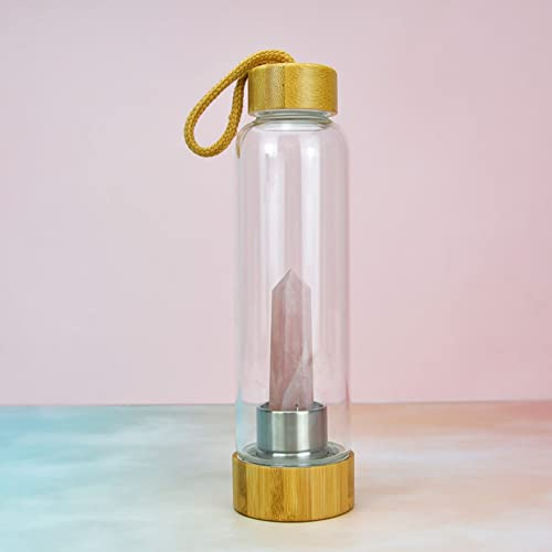 Gemstone Infused Water Bottle with Bamboo Cover for Natural Energy and Healing, Removable Amethyst Gravel Quartz Glass