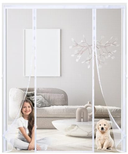 Doppeltür Fliegenvorhang Tür Plissee 265x300cm Weiß Verstärkte Magnet Fliegengitter-Tür Fliegenvorhang HäNde Frei Fliegengitter Mit Rahmen Ohne Bohren Magnet