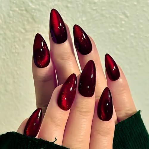 KQueenest Black Wine Red Cateye Press on Nails Almond Medium Glazed Glitter False Nails Medium, Burgundy Shiny Bling Acrylic Fake Nails Set Gothic Sparkly Stick on Nail for Women Finger Wear 30 Pcs