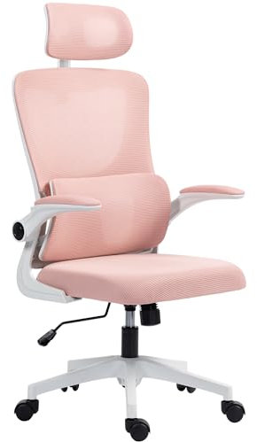 Vinsetto Sedia da Ufficio Ergonomica con Supporto Lombare, Braccioli Ribaltabili, Poggiatesta Regolabile, Poltrona Scrivania Girevole Inclinabile con Schienale Alto, Altezza Regolabile in Rete, Rosa