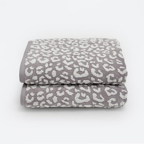 Allure Bath Fashions Luxury Zero Twist Pack of 2 Leopard Print Bath Towels 70 x 120cm in Grey/White – 100% Cotton, Super Soft, Absorbent & Quick Dry, Plush 500GSM Bathroom Towels with Hanging Loop
